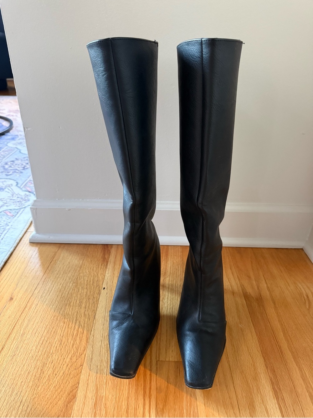 Fashion Nova Black Knee-High Square-Toe Leather Boots